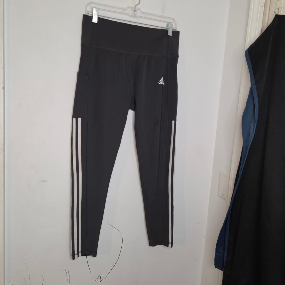 Adidas Aeroready Black 3-Stripe High Waisted Athletic Leggings Womens L Pocket
